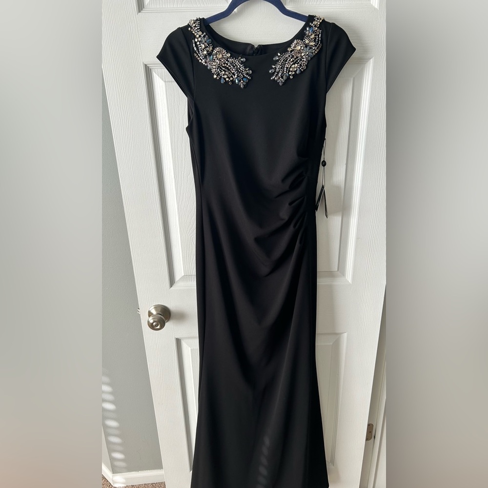 Adrianna Papell Black Embellished Ruched Maxi Dress